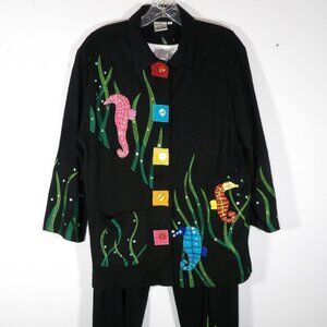 Women's 3 Piece Suit Top Jacket Capris Sz Large Black Colorful Seahorses Vintage